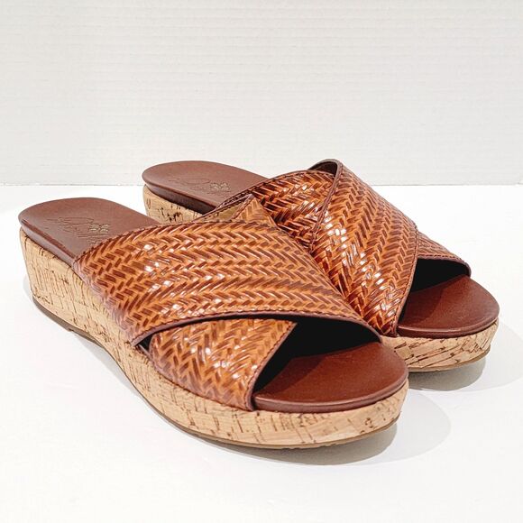 Patricia Nash Sandals Womens Size 8.5 M Luca Leather Slide Wedge Cognac Heels - Picture 1 of 16